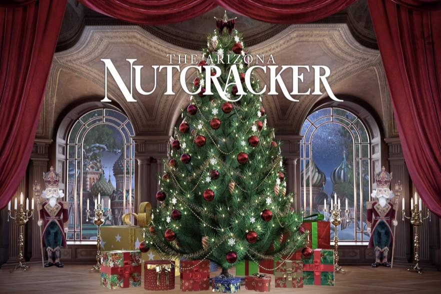The Arizona Nutcracker image with a Christmas tree, presents, and two Nutcrackers standing next to windows